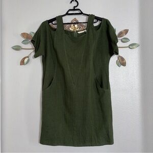 Soft Surroundings Olive Green Cold Shoulder Linen Blend Shift Dress Size Medium